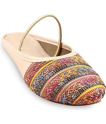 Anjaneya Creations Girls Cream Embroidered Ethnic Mules with Back Strap - Multi-Color Thread & Stone Work Juttis