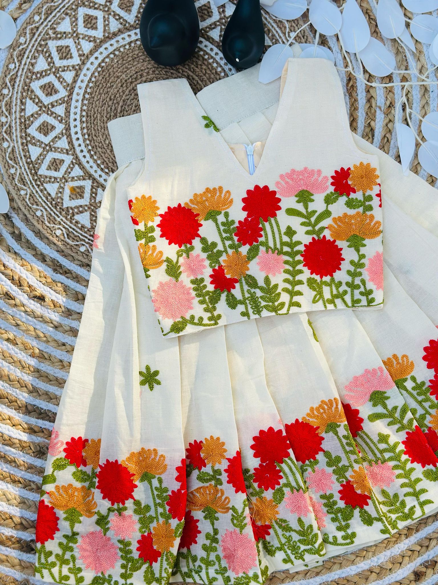 Premium Cotton Silk Flower work Lhengha with Top for kids-Beige / 2-3 years