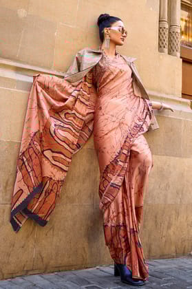 Peach Digital Print Satin Saree