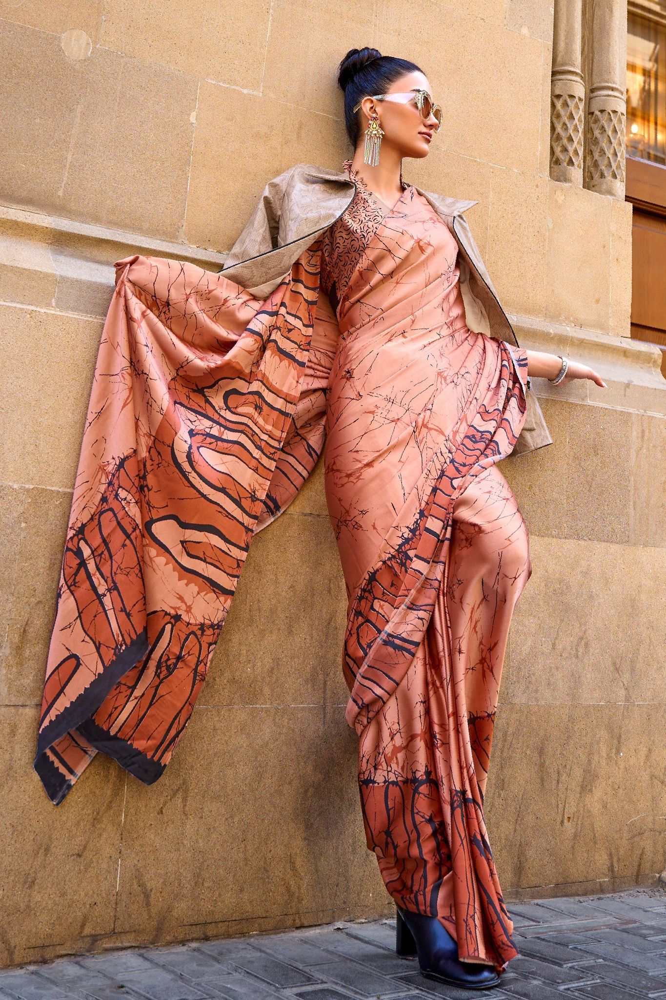 Peach Digital Print Satin Saree