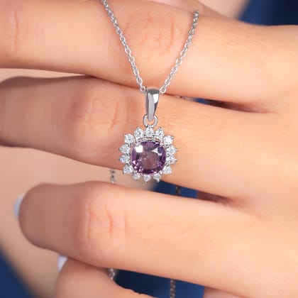 Mairo Amethyst Silver Pendant For Women-White Gold / 16 inches