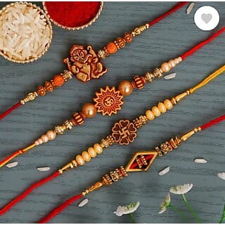 (Pack of 5) Antiqworld Rakhi For Brother Small Rakhi With Roli Chawal Pouch Beautiful Religious Rudraksh