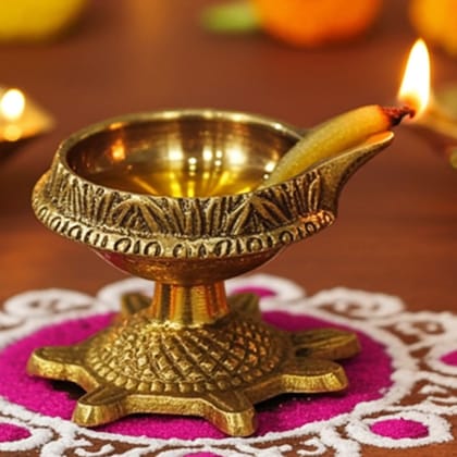 Brass Table Decor Oil Lamp Deepak On Tortoise  - Handcrafted Bird Design Puja Diya, Height : 1.5 Inch (ZMAS141 A)
