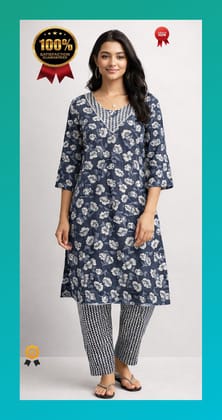 Women Grey Floral Printed Kurti Pant Set | Cotton Blend Fabric | 3/4 Sleeves Daily Wear Ethnic Set