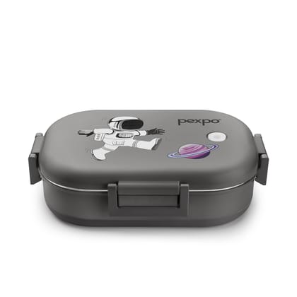 PEXPO Stainless Steel PU Insulated Tiffin Box for Kids with Anti-Skid Rubber Base & Separate Container, Grey, Tango with Astronaut Design | Leak-Proof & BPA-Free