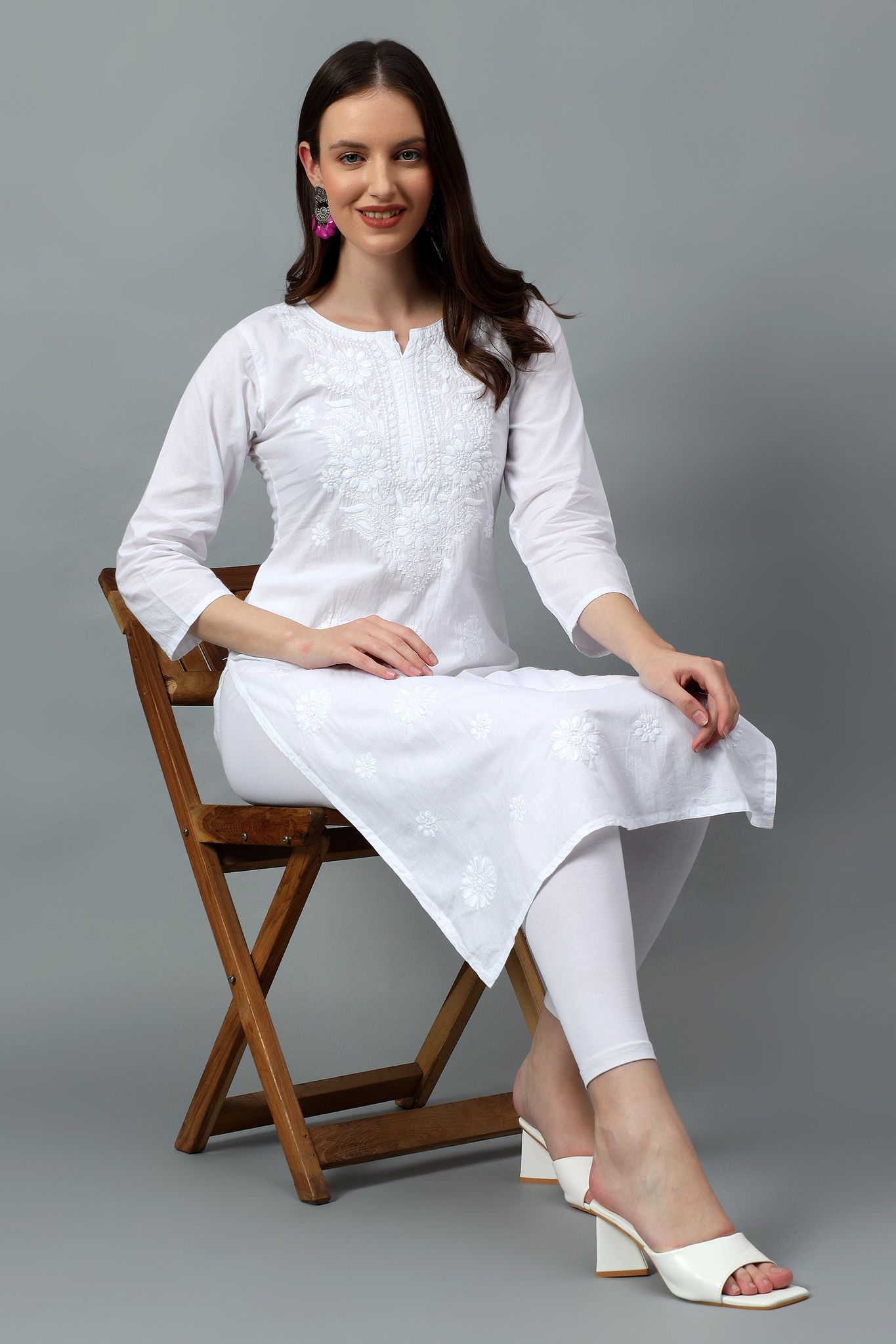The Chikankari Story: Pure Cotton Kurti for Women - Fine Chikankari Machine Embroidery in Ombre Shades of White, Purple, Yellow, Pink, and Blue-XS / White