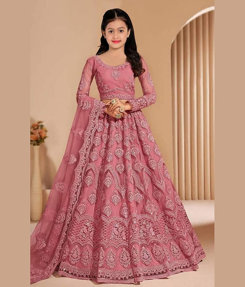 Keyura Net Lehenga Choli Set For Girls ( Pack of 1 , Peach )