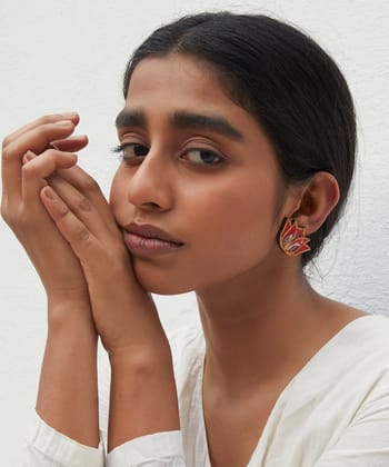 Handcrafted red lotus fabric and wood stud earring