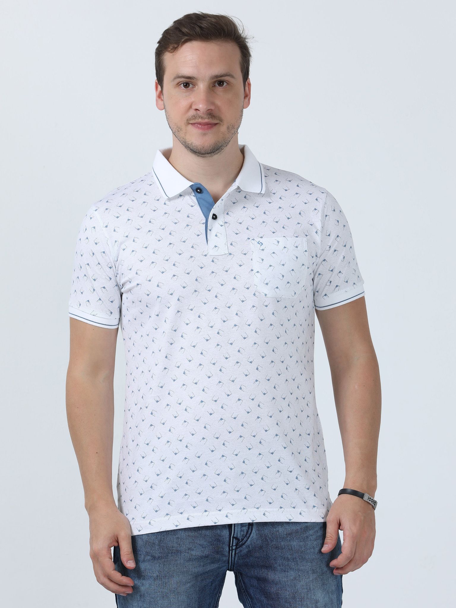 Classic Polo Men's Printed White/Blue Cotton Half Sleeve T-Shirt | BELLO - 261 A SF P