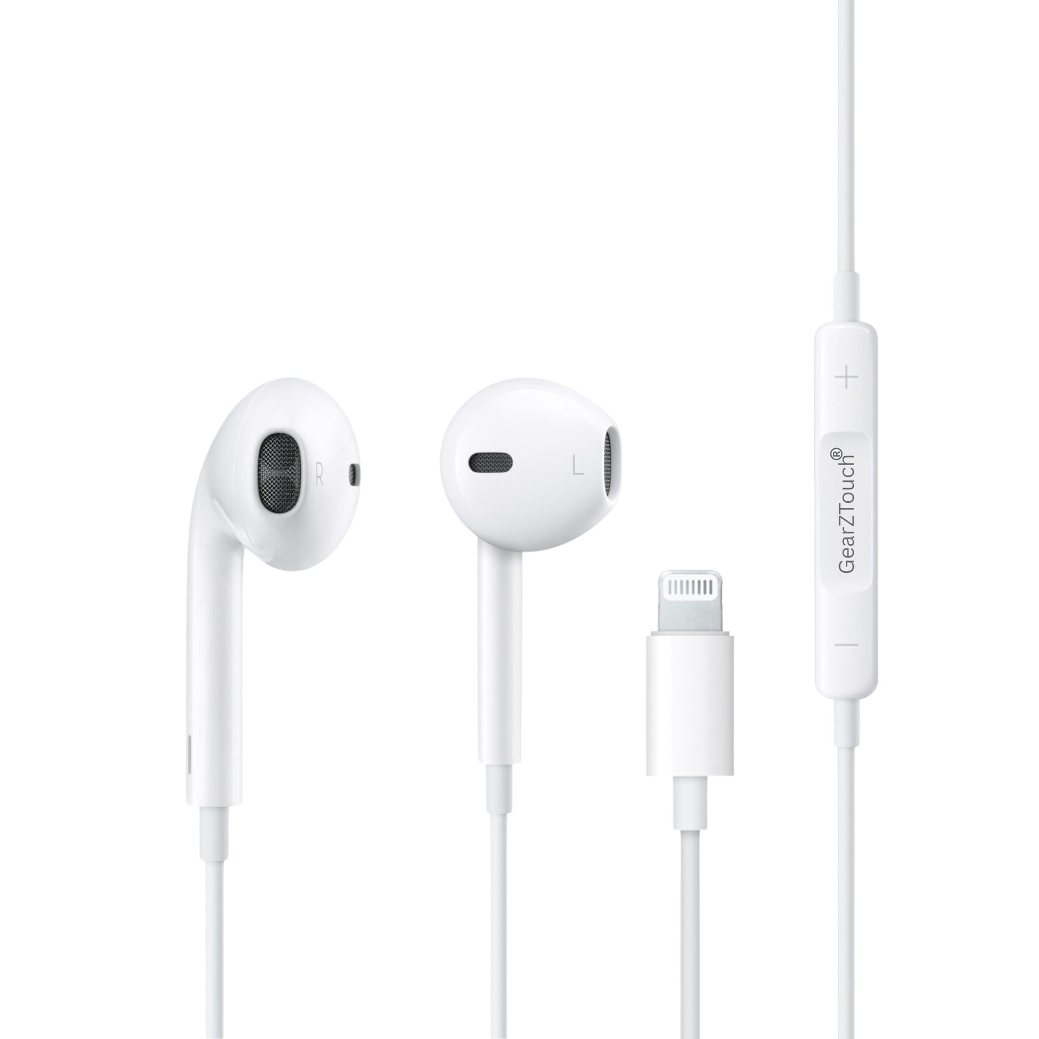 GEARZTOUCH Pulse-ISHOT with Lighteenning JackWired Earphone with Powerful HD Mic for Clear Sound, in-Line Volume Controller Compatible with iPhone 14/13/12/11 Pro Max Xs/XR/X/7/8 Plus - All iOS-White