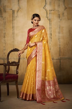 Yellow Petals Banarasi Tissue Woven Saree