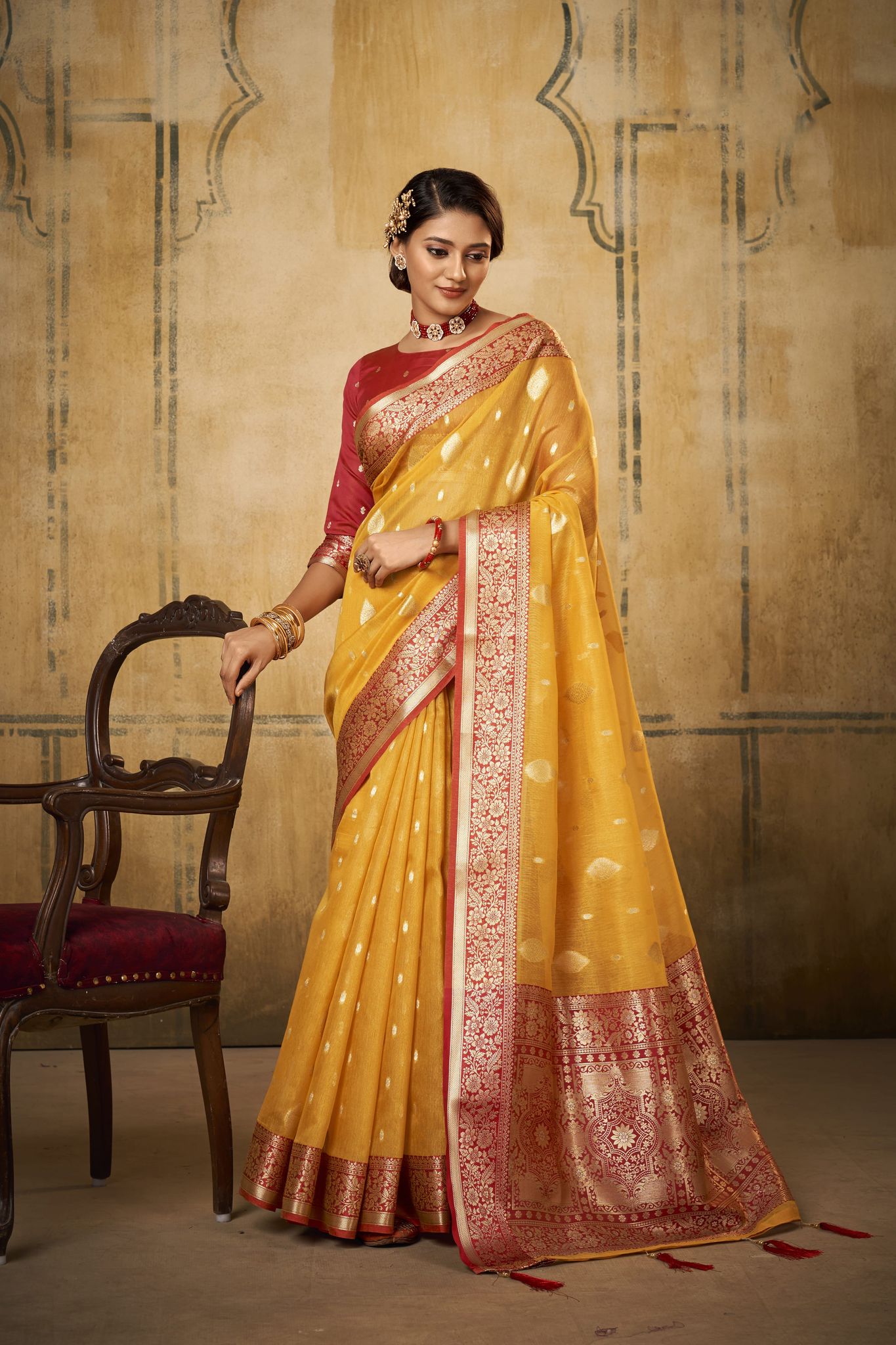 Yellow Petals Banarasi Tissue Woven Saree
