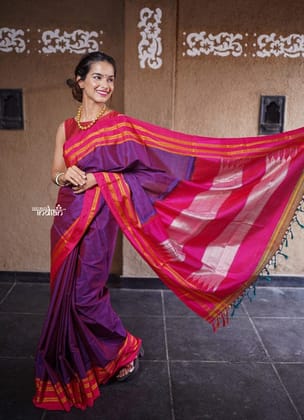 Handloom Cotton Silk Ilkal Saree with Pure Resham Pallu - Dual Tone Purple with Pink Border