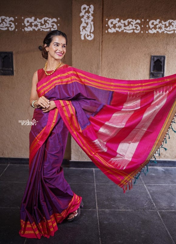 Handloom Cotton Silk Ilkal Saree with Pure Resham Pallu - Dual Tone Purple with Pink Border