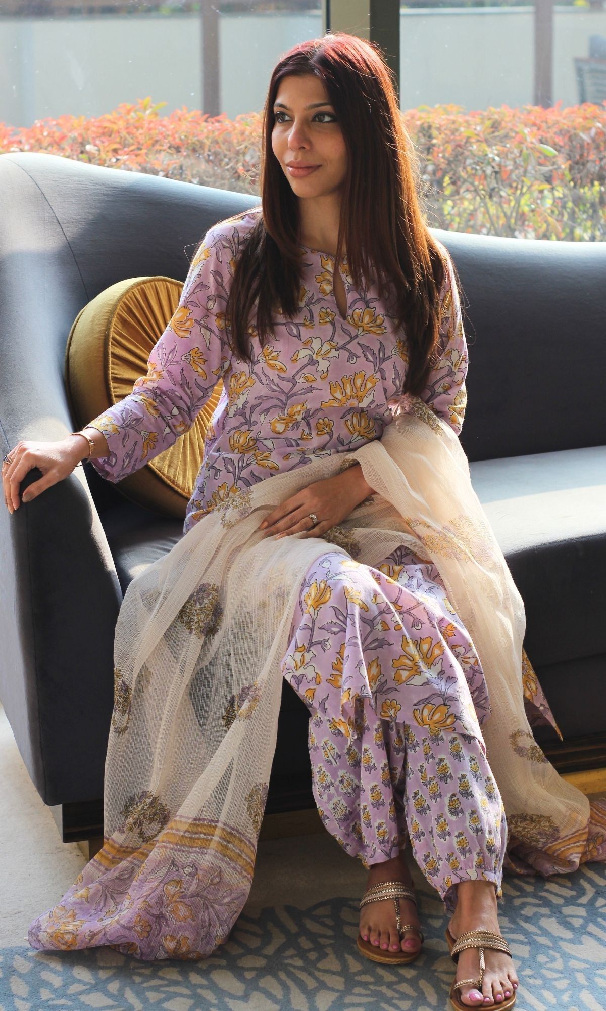 Cotton Handblock Lavender Kurta and Afghani Pants with Kota Doria Dupatta-XXS