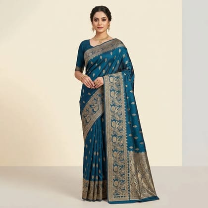 Blue Banarasi Satin Zari Woven Golden Border Saree For Women Blue Banarasi Satin Zari Woven Golden Border Saree For Women