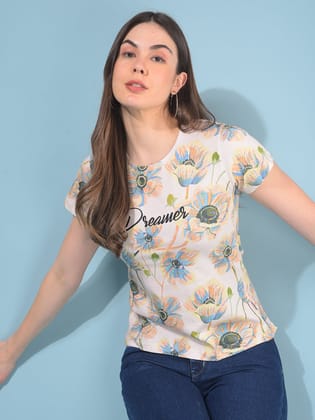 Peach Floral Print T-Shirt-S / Peach