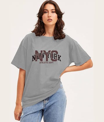 VIOUR Women Cotton Blend Printed Oversized Fit Round Neck T-Shirt ( Grey )