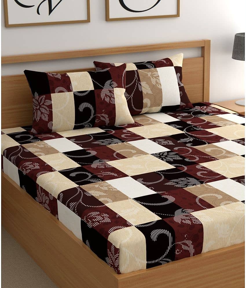 CG HOMES Microfibre Geometric Fitted Fitted bedsheet with 2 Pillow Covers ( Double Bed ) - Brown
