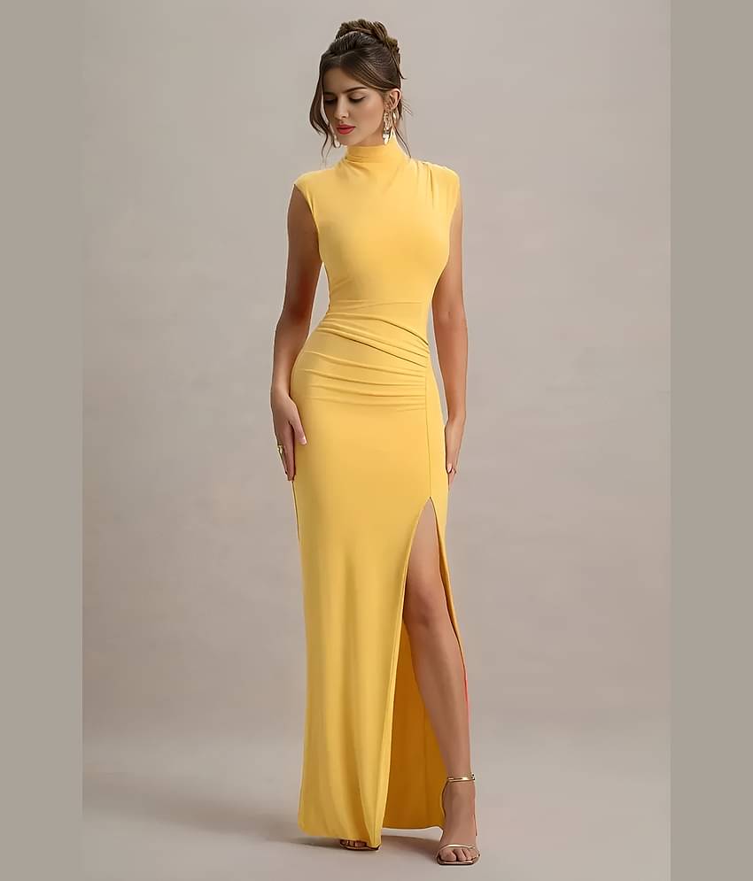 Traquila Women Lycra Solid Bodycon Dress ( Yellow )