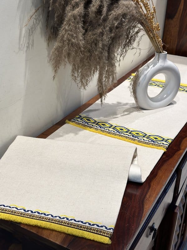 KRI India The Minimalist Navy & Yellow Fringed Table Runner | Beige with navy & yellow embroidery & | 14x80 inches  | Wash & Care | 100% Cotton | Handcrafted in India. 100% organic & natural.