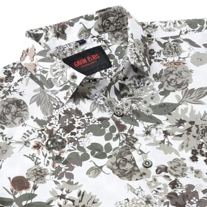 White with Green and Brown Floral Pattern Slim Fit Full Sleeve Shirt (GP051)-S-36 / Full Sleeve