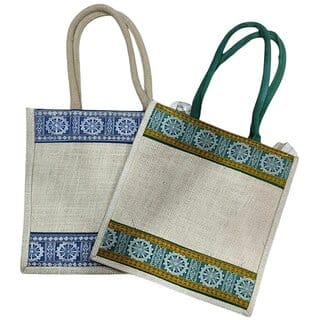 Eco Friendly Jute Shopping Tote Bag with Ethnic Border Design, Reusable Grocery  Lunch Carry Bag for Women (Natural Bei