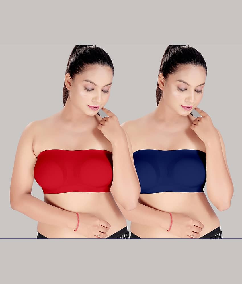 HAYA Pack of 2 Polyester Women's Strapless Bra ( Multicolor ) Nima Tube air Bra Red and Blue