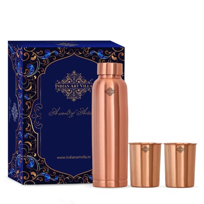 Set of Pure Copper Matt Finish Lacquer Coated  Water Bottle & 2 Glasses, Drinkware, Bottle : 900ml, Glass: 300ml
