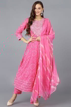 Pink Pure Cotton Bandhani Anarkali Kurta Trousers With Dupatta VKSKD1701