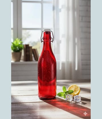 AFAST Clear Glass Storage Bottle With Metal Lid Red Glass Water Bottle 1000 mL ( Set of 1 )