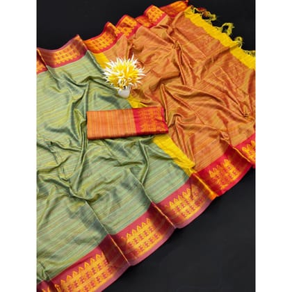 TheHangr Green With Red Border Beautiful Festive Wear Saree With Blouse Piece