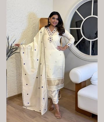 TRAHIMAM Women Viscose Embroidered Straight Kurti With Pants ( White )