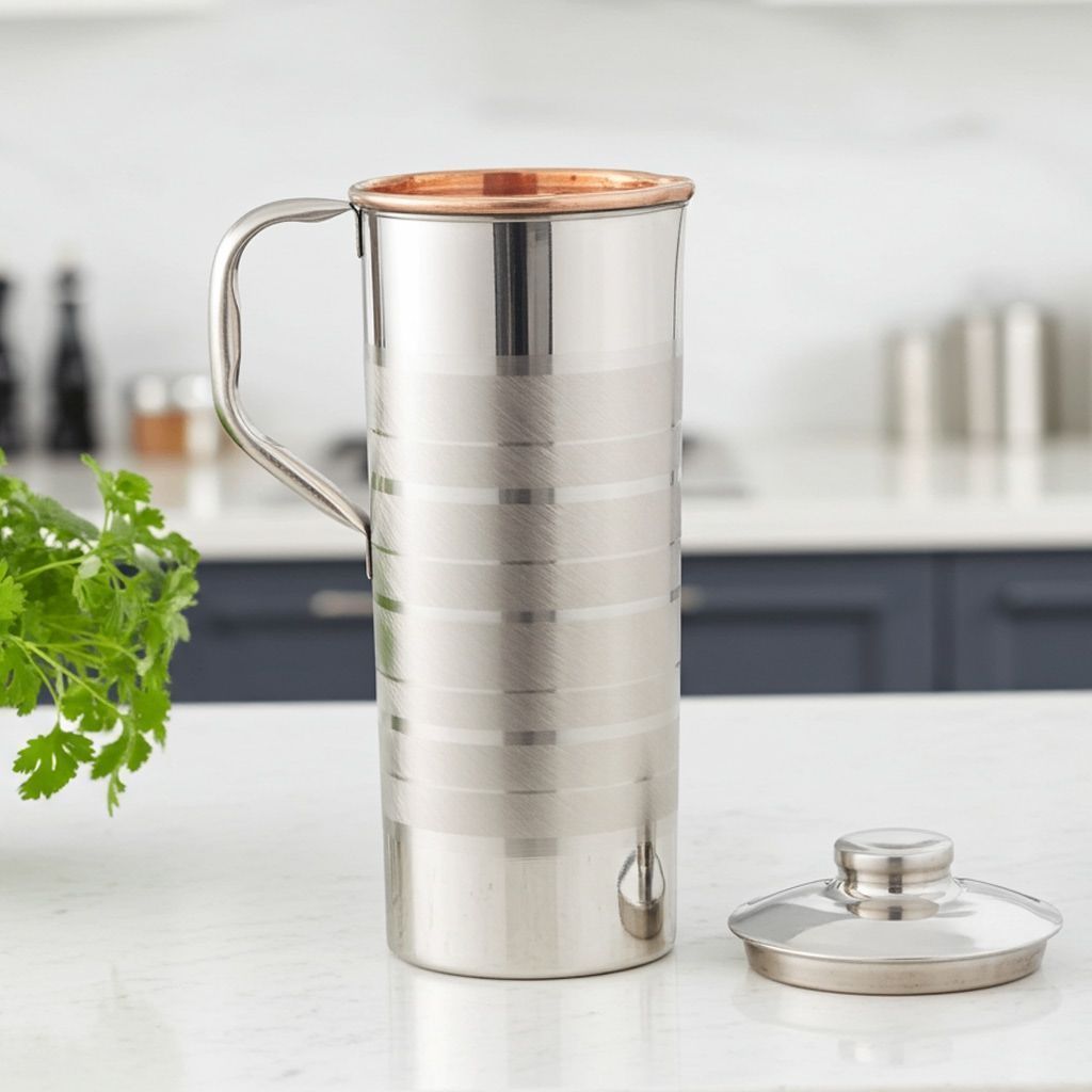 Copper & Steel Water Jug � 900 ml | Compact Dining Table Pitcher, Height : 9.5 Inch (BCMAS102 D)