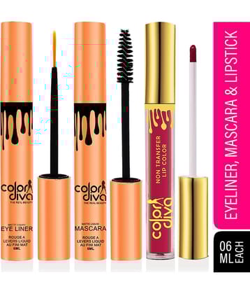 Color Diva Waterproof Eyeliner, Mascara & Liquid Lipstick Makeup Kit Pack of 3 18