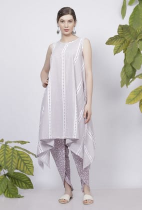 Lilac Asymmetrical Stripes Hand-Block Printed Cotton Kurta-XS