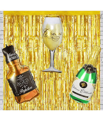 Jolly Party  1 pcs Cheers Glass, 1 pcs Whiskey Bottle and 1 pcs  Bottle foil Balloons for Decoration  with 1 pcs Gold Fringe Curtain - ( Pack of 4)