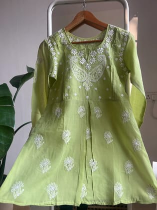 Voile Cotton Chikankari Full sleeves short Top - Sheen Green-White / Cotton / 2XS