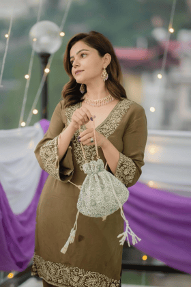 Rubina Dilaik in Olive green aari suit-XS