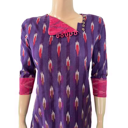 Ikat Cotton A line Kurta with Triangular Neck & Wooden Button Details, Purple, KI1022-S