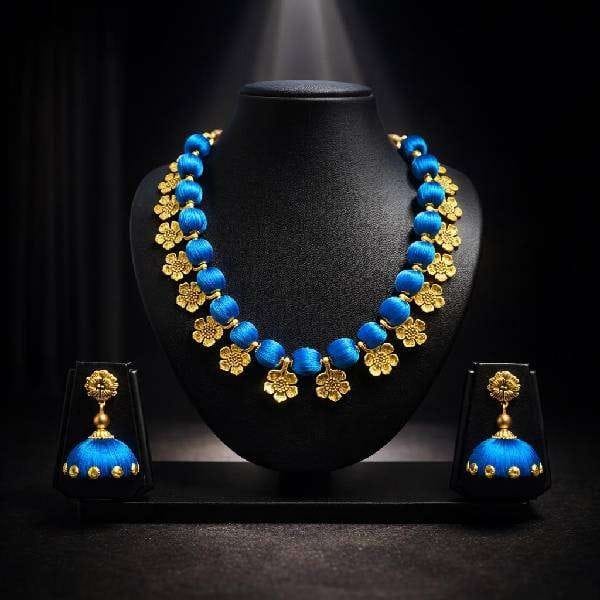 Blue Silk Thread Jewelry Set Versatile Elegance