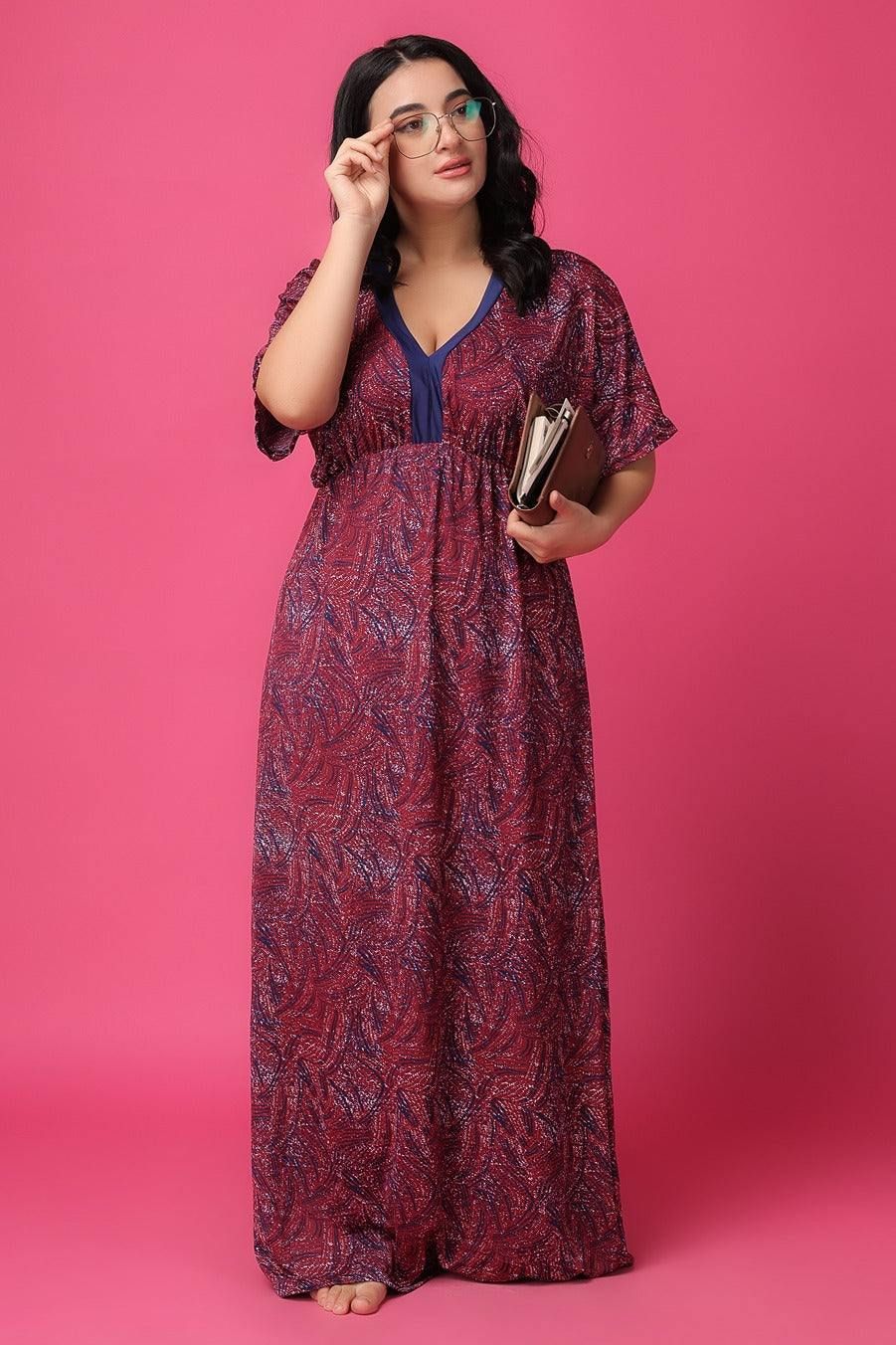Maroon Dots Printed Night Dress-L / Maroon