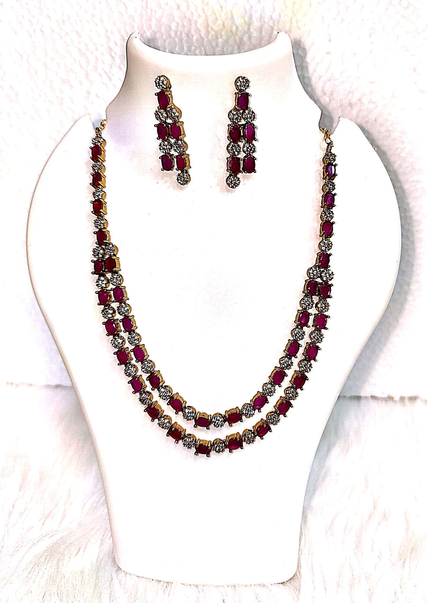 Ruby and Diamond Double Strand Necklace Set in Gold plated
