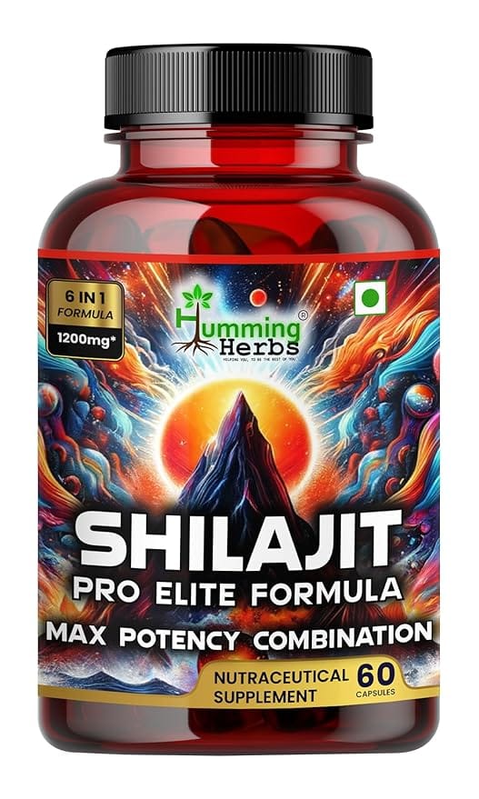 Humming Herbs Shilajit Elite Capsules - 1200mg Natural Energy & Vitality Boost with 6-in-1 Potent Herbal Formula - Pure Himalayan Extract, Ashwagandha, Cordyceps - Immune & Performance Support