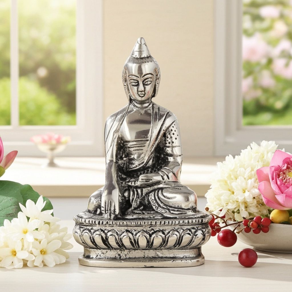 Aluminium Buddha Idol Showpiece � Spiritual Home Decoration, Height : 6 Inch (ASMAS220 S)