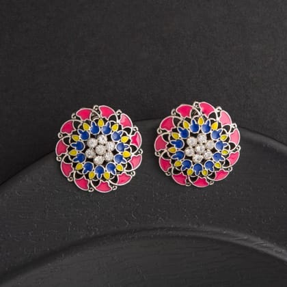 Oxidized Silver Plated Flower Shape Enamel Artwork Stone Stu