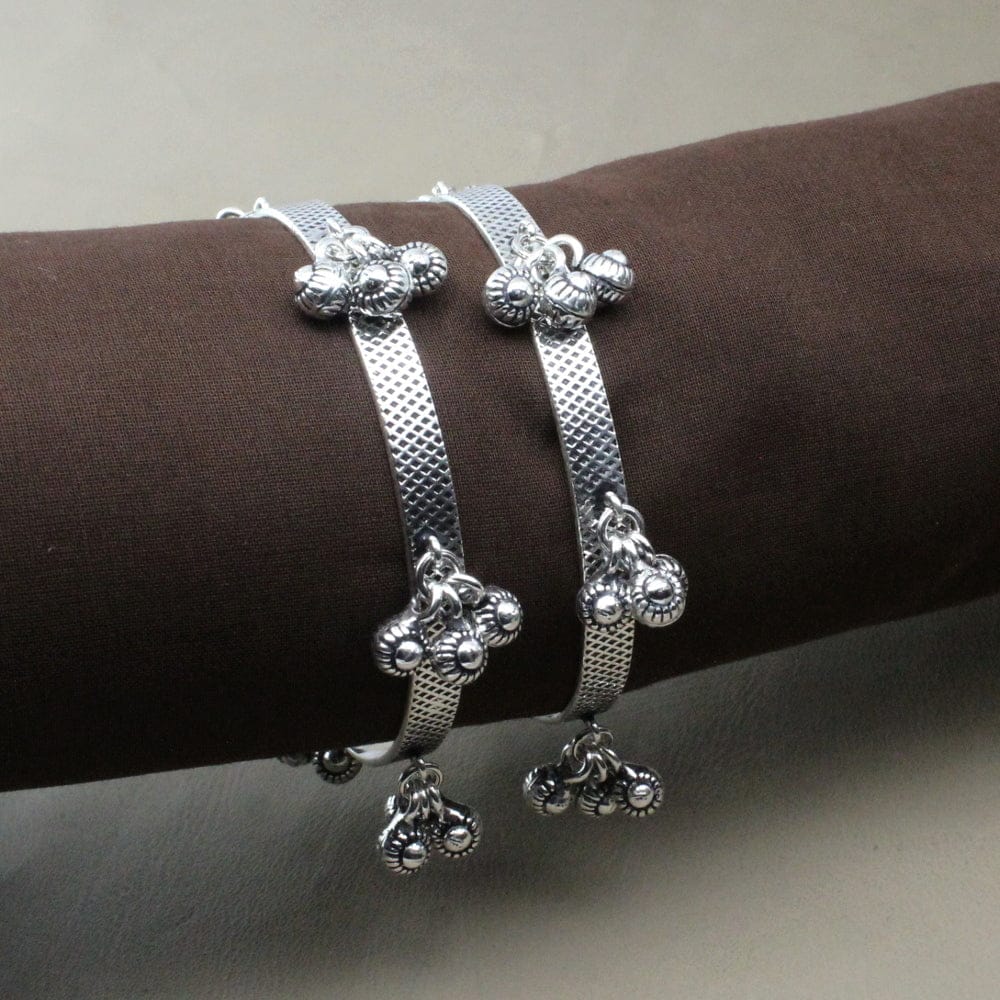 Ethnic Real Sterling Silver with jingle Bells Women Oxidized Bangles Pair-5.9 CM (2.32 Inch)