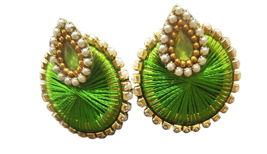 Green and gold round stud earrings with pearl and stone embellishment