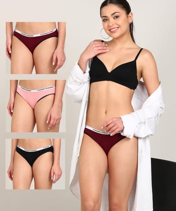 Women Branded Elastic Hipster Pack Of 3 - Briefs-S / Maroon+Pink+Black
