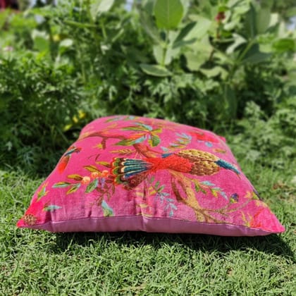 Birds of paradise Velvet Cushion Cover- Magenta-12 x 12 inches / Plain Cotton Backing